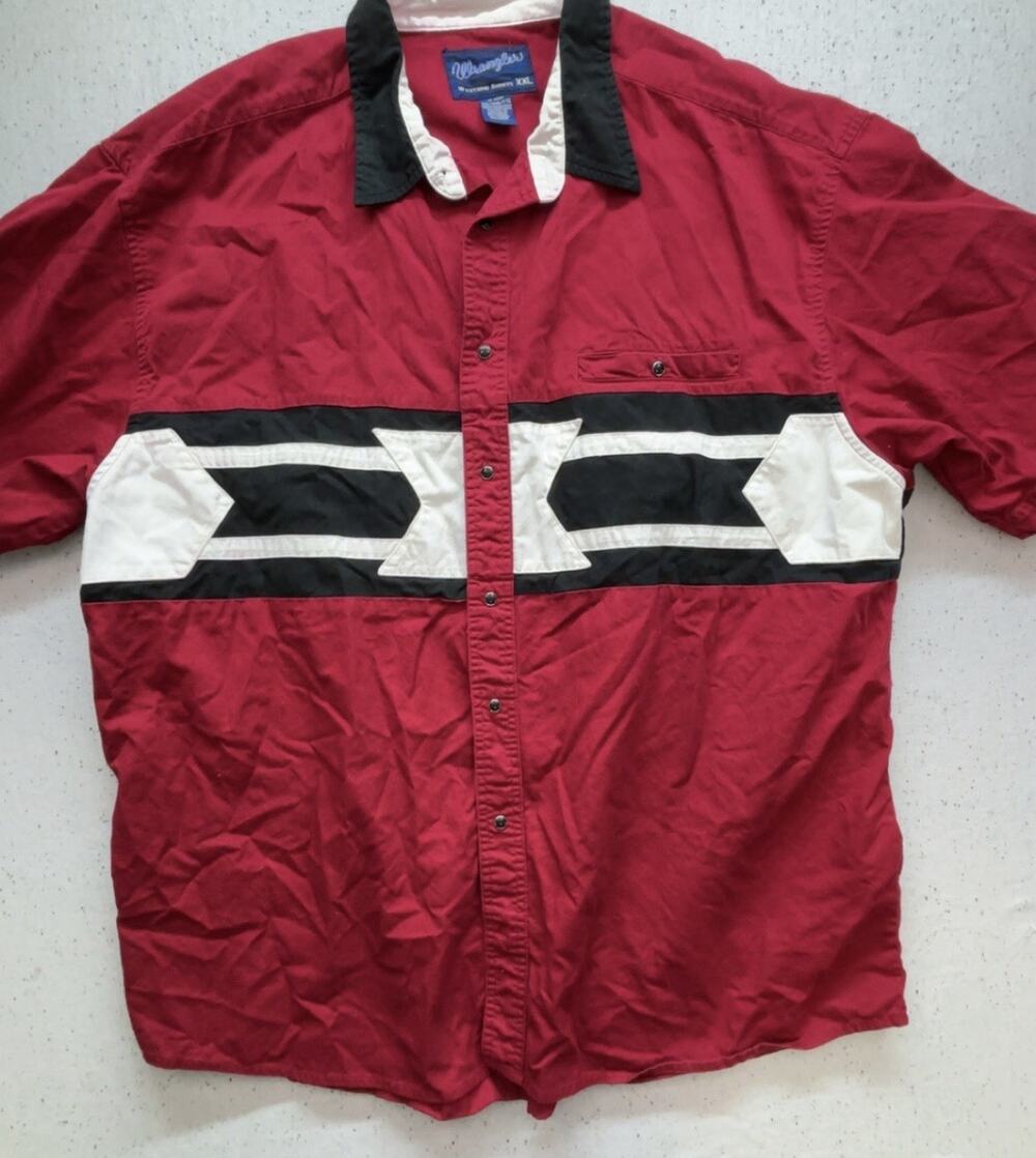 Vintage Wrangler Western Shirt XXL Red Aztec Southwest Pearl Snap SS Rodeo